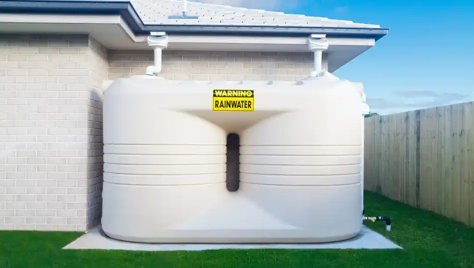 A rainwater tank connected to a house with downpipes