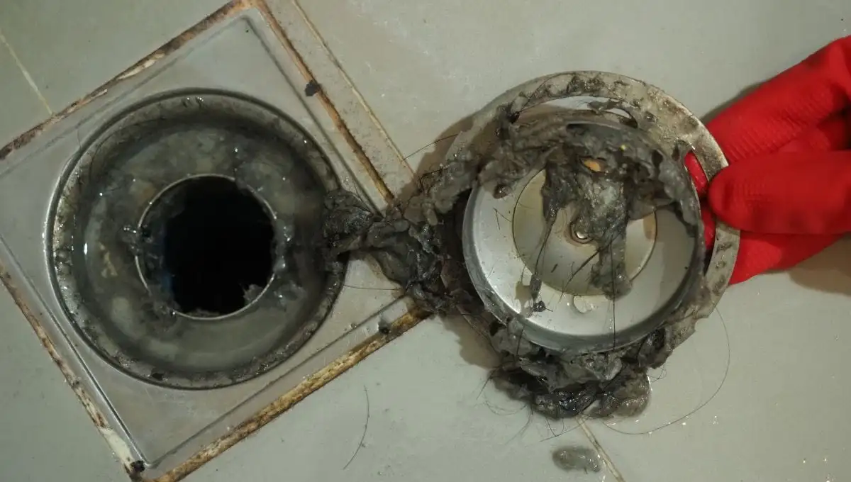 Homeowner clearing a clogged and smelly bathroom drain.