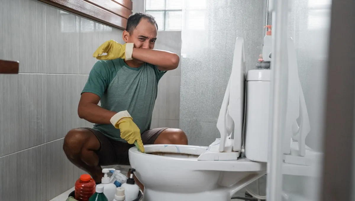 Man dealing with a smelly, clogged toilet drain.