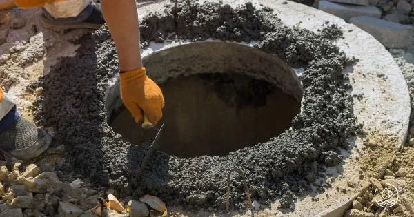 Worker securing the top of a newly installed septic tank with concrete.
