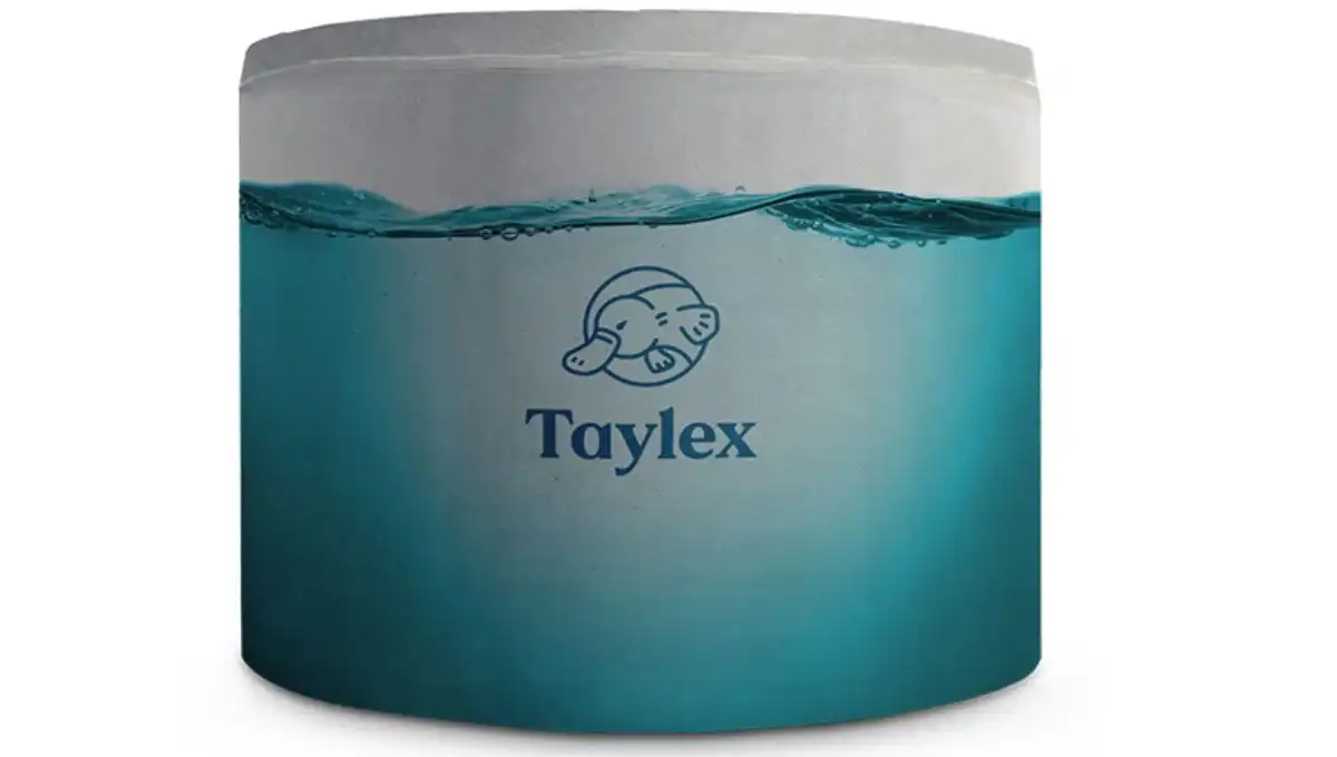 Taylex branded rainwater tank partially filled with clear water.