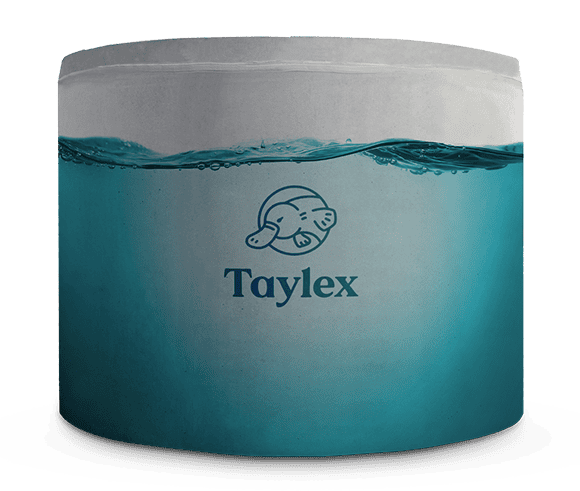 Concrete Taylex water tank filled with water, showcasing the Taylex logo.