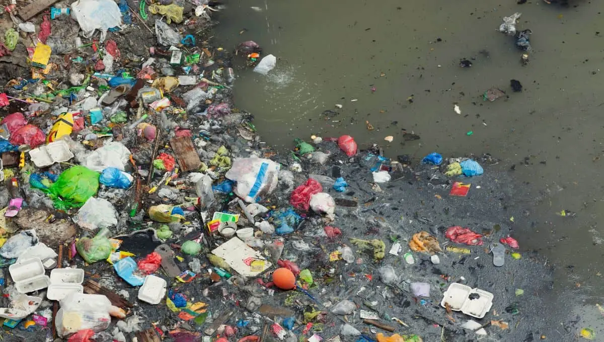 Aerial view of a polluted river clogged with colourful plastic waste and debris.