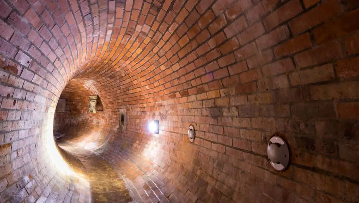 Interior view of a large brick sewer tunnel.