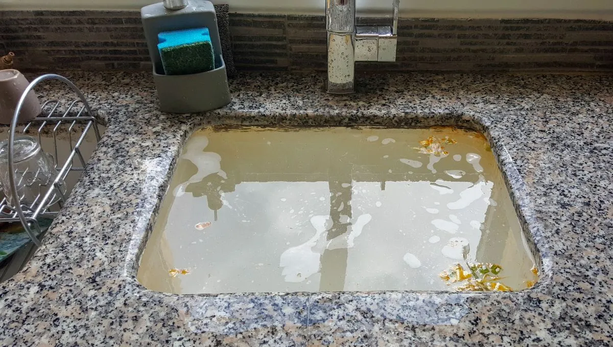 Dirty water in a kitchen sink filled with food scraps, typical grey water.