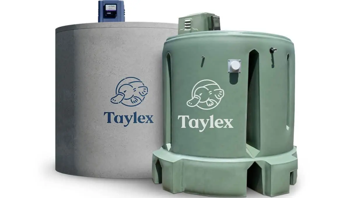 Two Taylex septic tanks, one concrete and one plastic, used for effective wastewater treatment solutions.