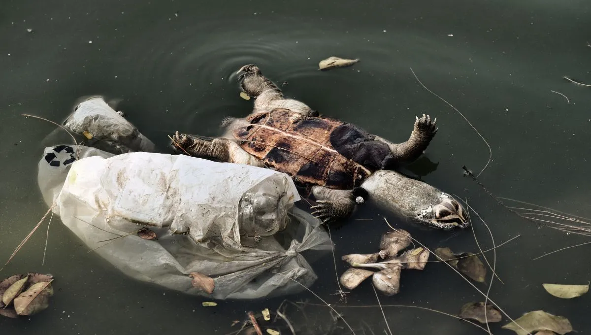 Dead turtle floating in a wastewater 